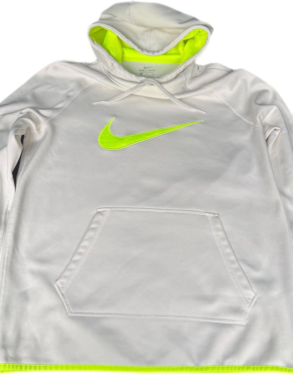 Nike White Hoodie with Neon Green Swoosh and Lined Hood